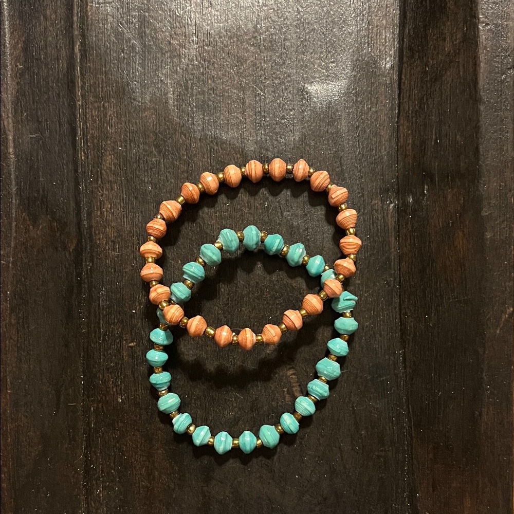 Kids Turquoise and Rose Paper Bead Stretch Bracelets - Women Jewelry